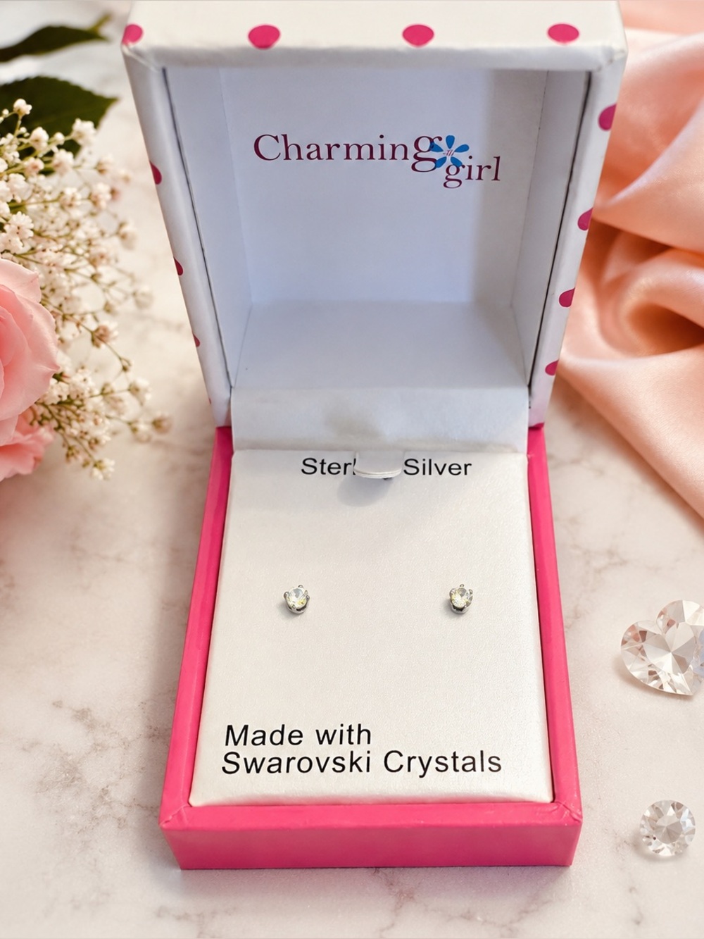 Charming Girl Sterling Silver Swarovski Crystal Stud Earrings – New in Box